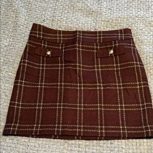 LOFT Brown Plaid Mini Skirt with Button-Tab Pockets